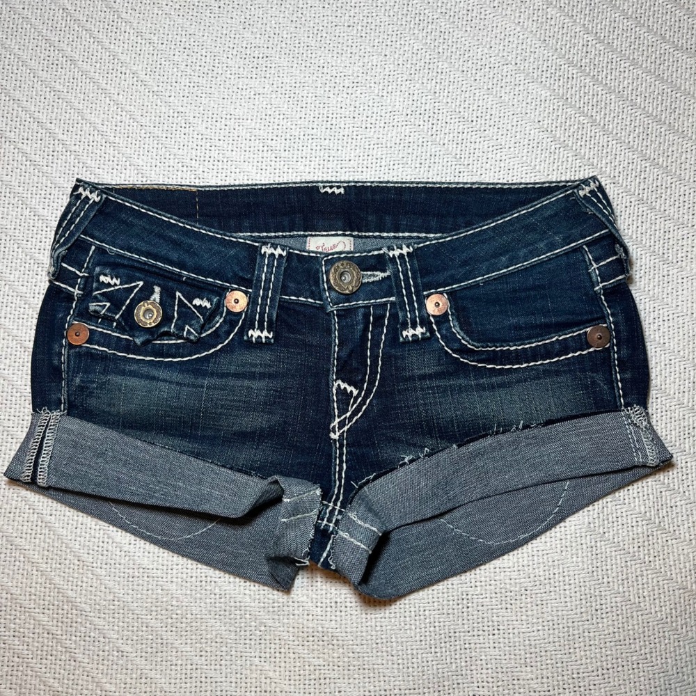 True Religion Vintage Y2K Low Rise Mini Shorts Dark Wash Denim Size 26 - 28